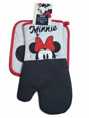 Minnie Mouse Oven Mitt and Pot Holder  Over Sized  Gray Red Black Disney
